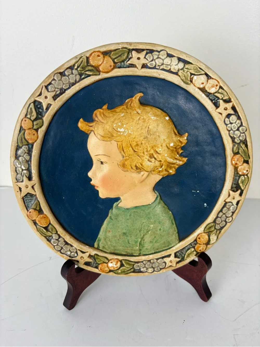 Vintage Plaster Wall Plaque/ Art Deco Style-Child Portrait /Fruit & Star Boar